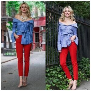 Banana Republic Blue Striped Button Belted Top